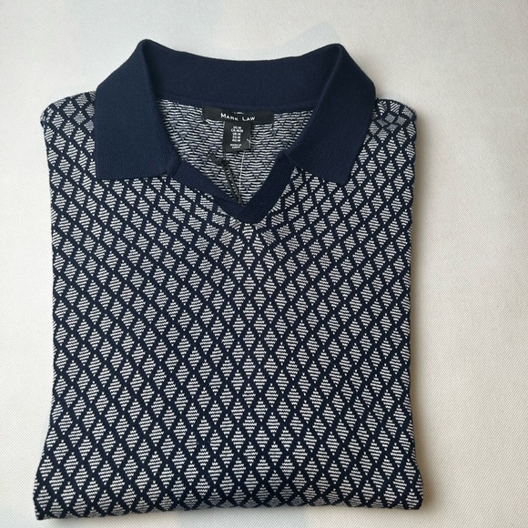 Navy and White Patterned Polo Shirt Retro Style - Picture 1 of 9